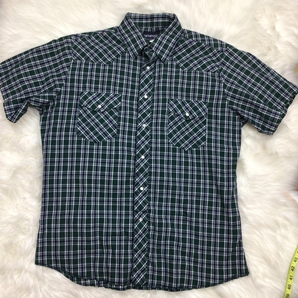 Vintage Wrangler Western Style Shirt Mens Pearl Snap Cowboy Cut Green Plaid L - Picture 3 of 6